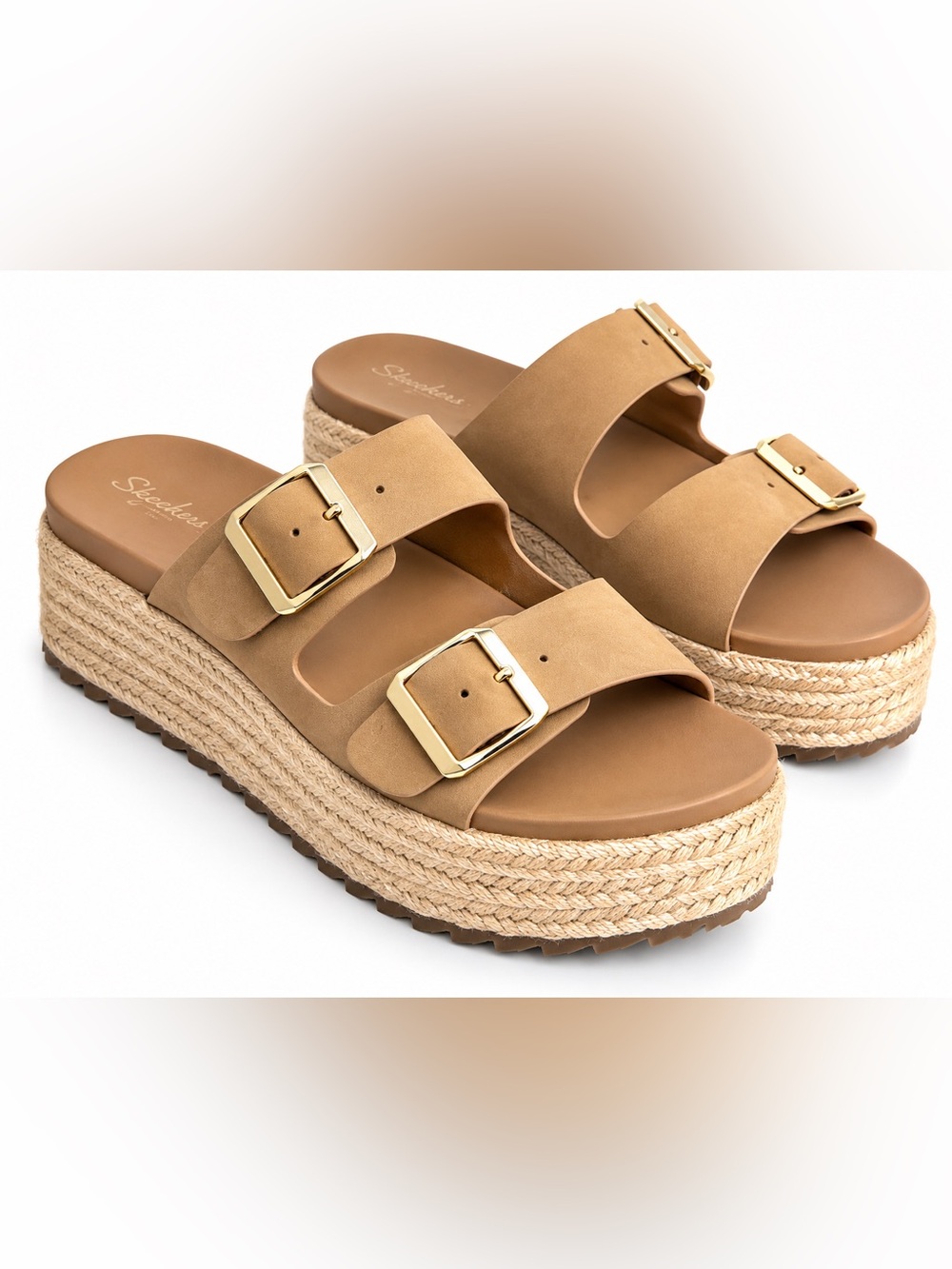 Seychelles Tan Platform Espadrille Slide Sandals Double Buckle Gold Hardware 10